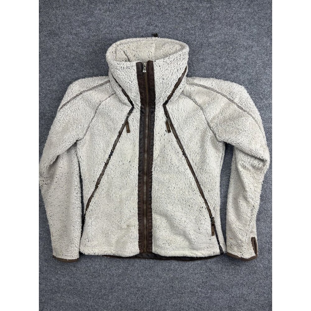Kuhl Flight Jacket Womens Large‎ White Sherpa Fleece Hooded Full Zip Thumbholes